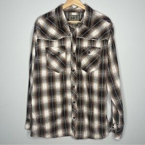Men’s BKE tan black plaid button up down dress shirt X-Large XL